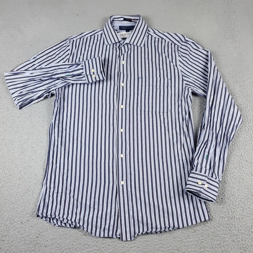 Tommy Hilfiger Mens 15 32/33 Blue Striped Slim Fit Long Sleeve Dress Shirt